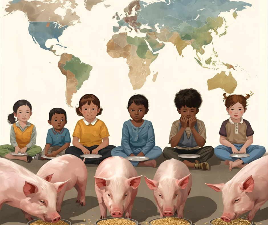 Kinder vor leeren Tellern und Schweine fressen Getreide