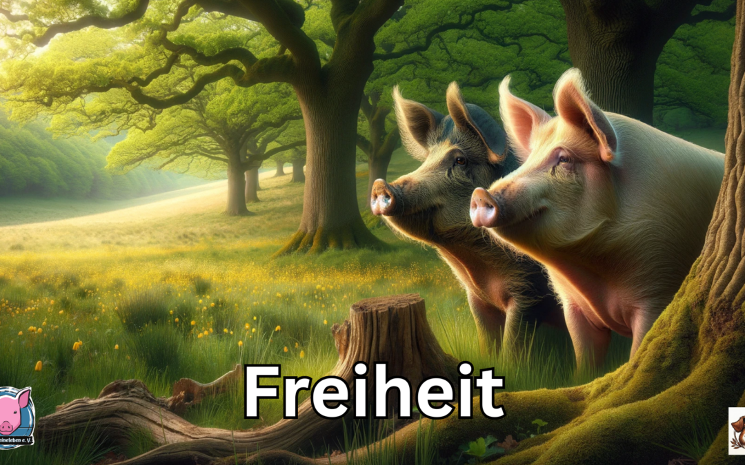 Zwei freie Schweine blicken auf eine Lichtung.